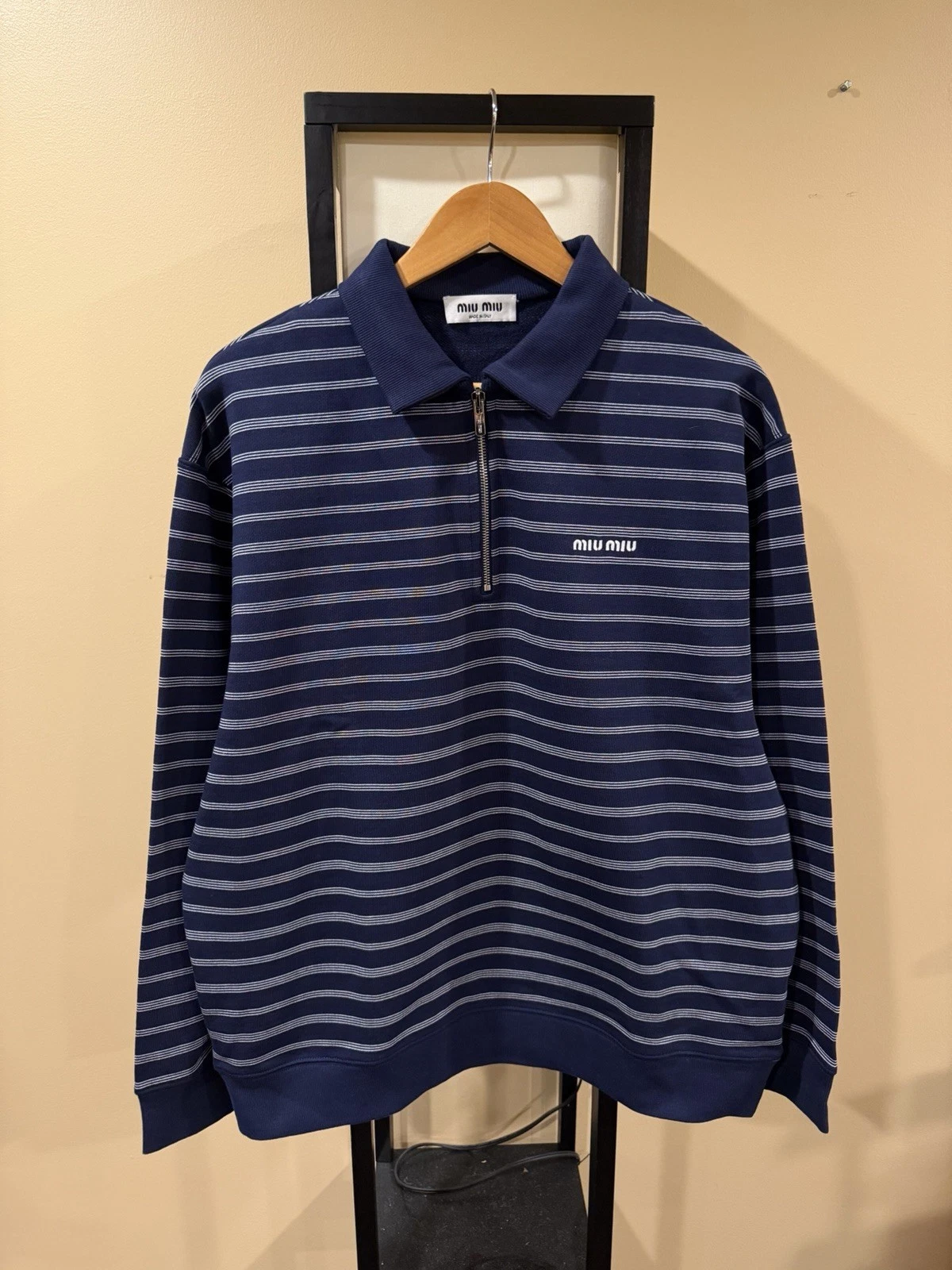 Miu Miu — Miu Miu SS25 Quarter Zipper Stripe Blue Polo Sweatshirt