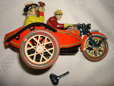 Vintage Nice PAYA Motorcycle Rider & Sidecar Windup Tin Toy