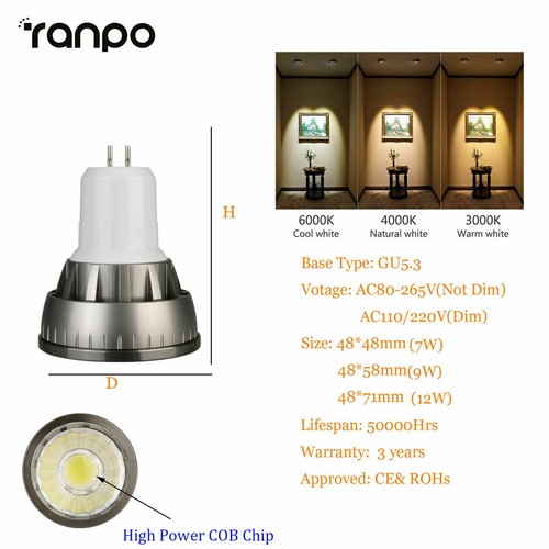 6x Dimmable Cob Led Spotlight Neutral Cold 12V 2700K 110 Daylight 4000K Home - Picture 19 of 19