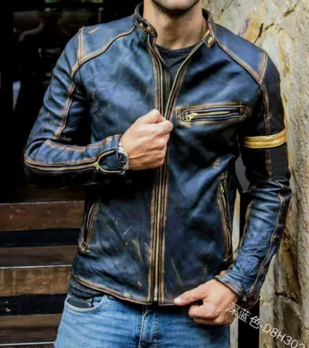 Herren Retro Stehkragen Motorrad, abgenutzte Coffee Shop Punk Stil Lederjacke - Bild 7 von 10