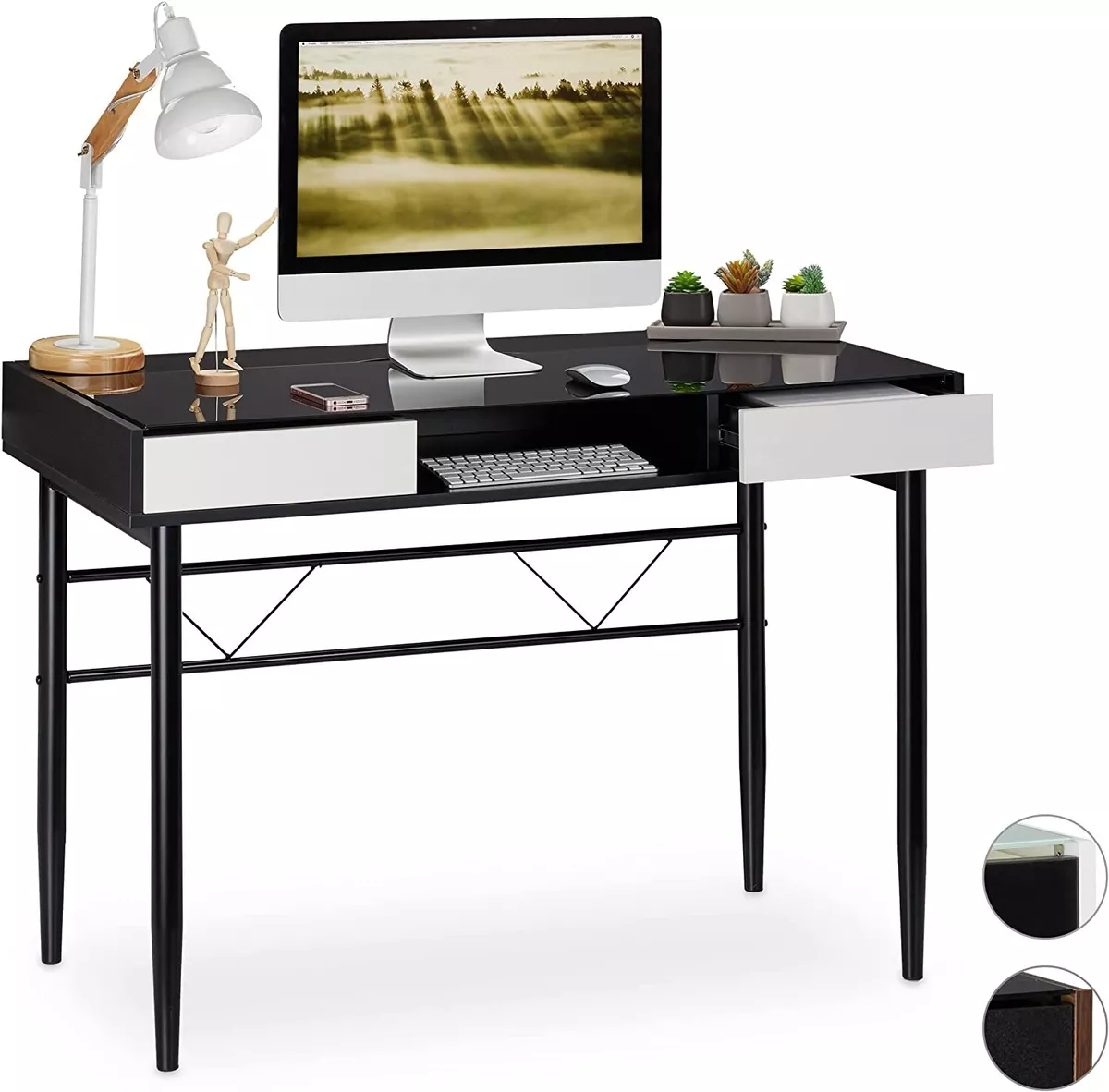 Relaxdays Glass Office Computer Desk with 2 Drawers Black and White