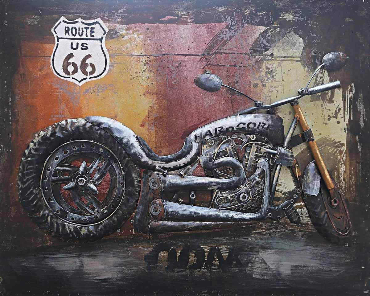 Route 66 Motorcycle Chopper HOG Metal Wood 3D Wall Art Mixed Media Painting