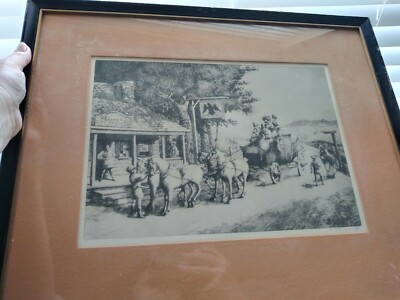 Art Vintage Original E.T. Scowcroft Framed Etching ''Ye Spread Eagle Inn''