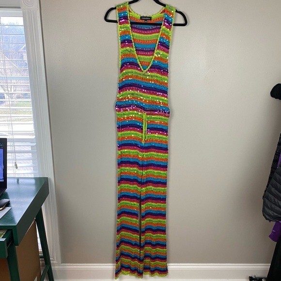 NEW retrofete Nirvana Sequin Crochet Jumpsuit in multicolor rainbow size XS/S eBay