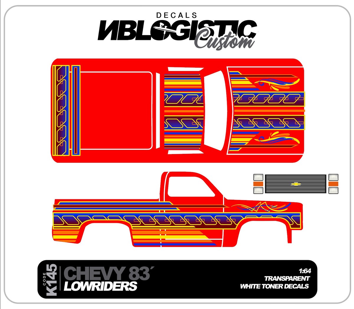 '83 CHEVY SILVERADO【2台セット（左右各1台）ステッカー付】 83 CHEVY SILVERADO Custom WaterSlide Decal for hot wheels 1