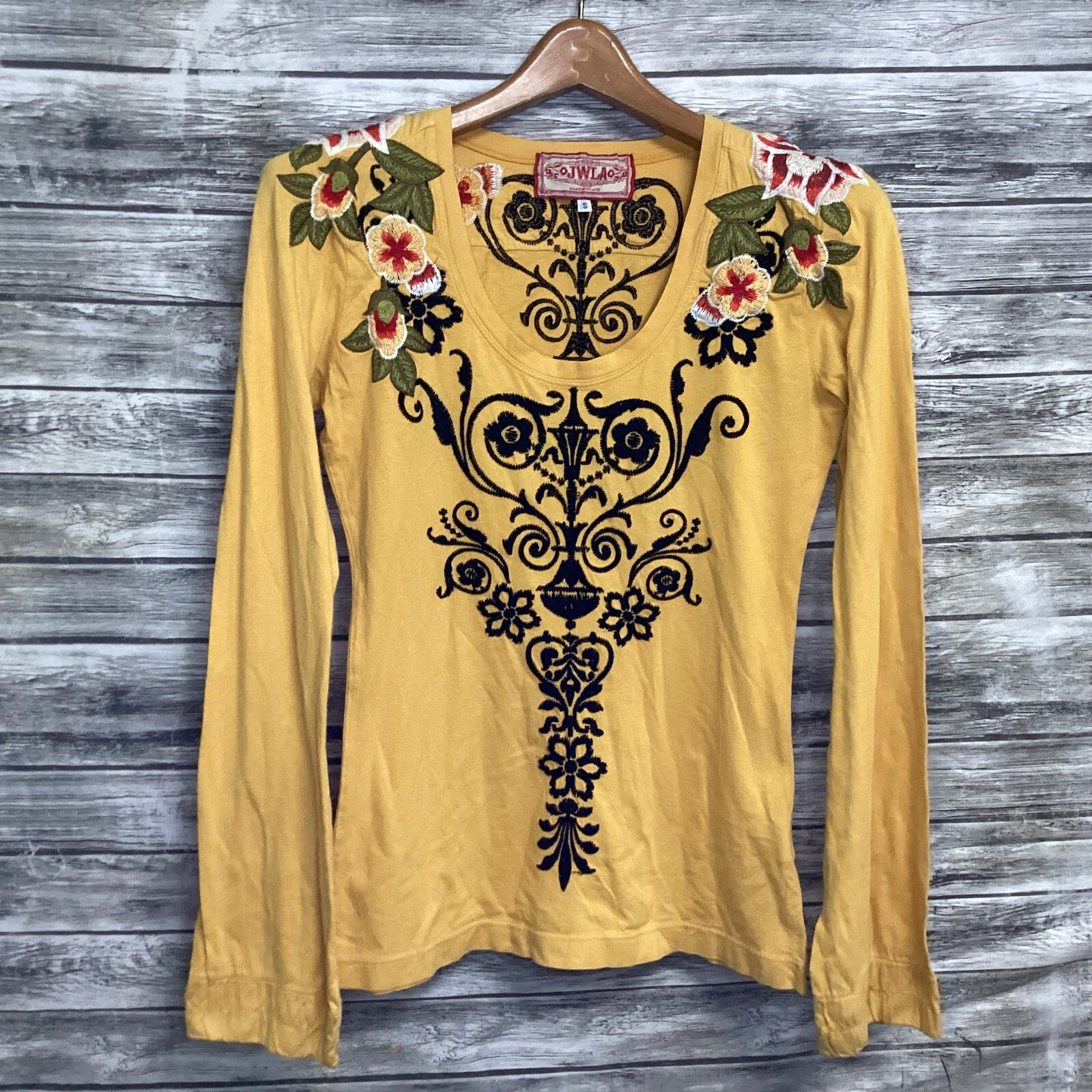 Johnny Was JWLA Shirt Womens Small Yellow Embroidered Floral Print Boho Top