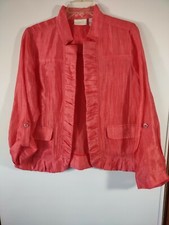 Chico's Size 1 Salmon Open Front Linen Blend Jacket, Long Tab Sleeves, Ruch Trim