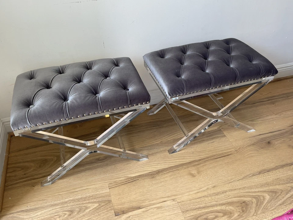 Par de 2 taburetes de tocador estilo Billy Baldwin vintage Lucite X-Bench MCM acolchados Foto 3 de 4