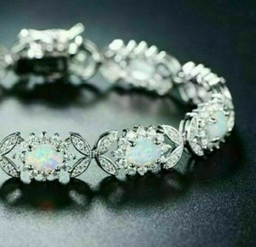 5Ct Oval Cut Opal & Diamond Halo Flower Tennis Bracelet 14k White Gold Finish - Picture 3 of 3