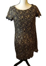 London Times Women's Size 8 Black & Gold Lace Dress Boat Neck Knee Length