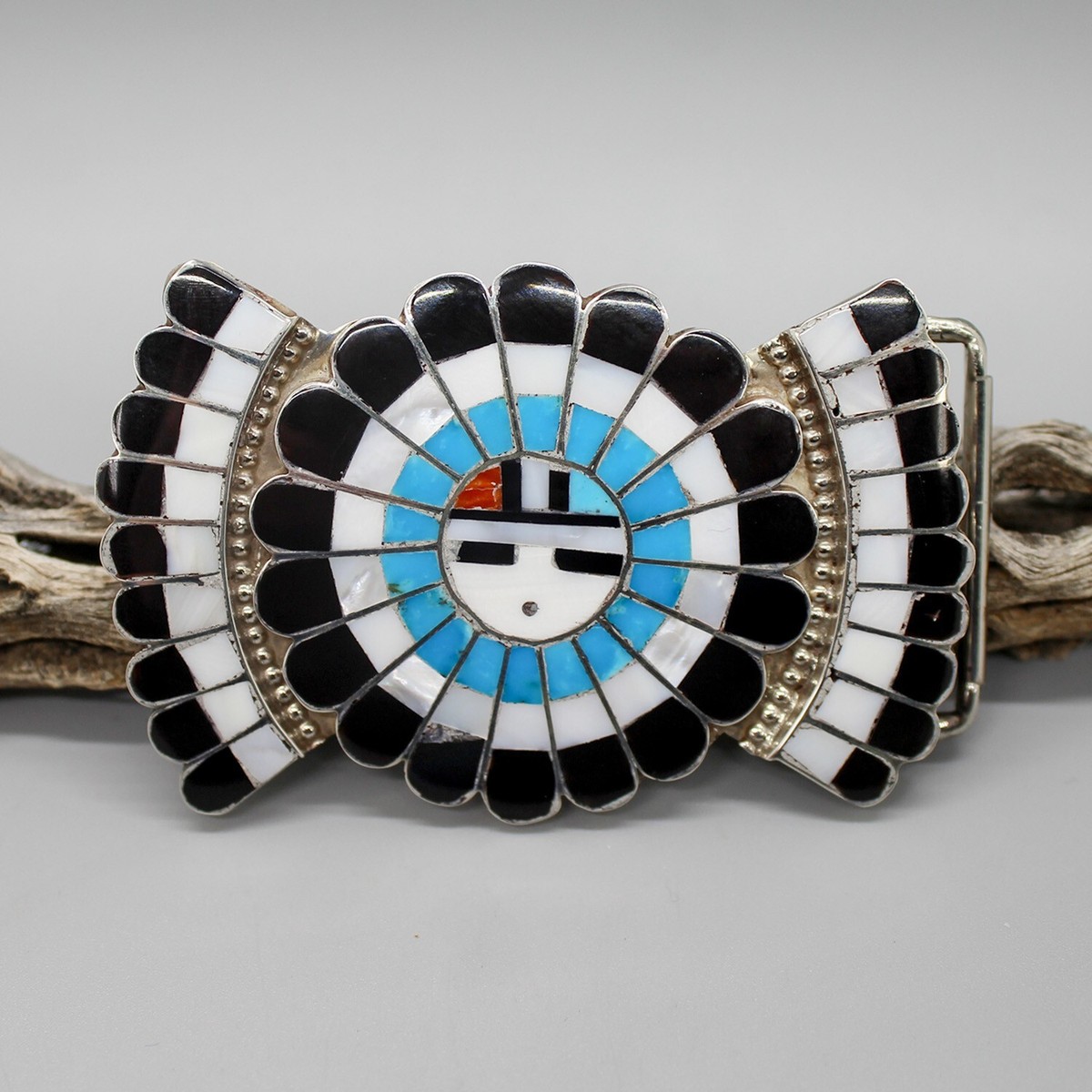 ZUNI-STERLING SILVER & MULTI-STONE INLAY SUNFACE BELT BUCKLE