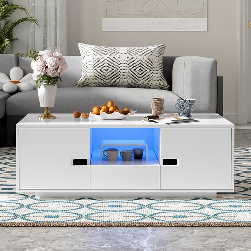 Modern Rectangle Coffee Table Center Table With Storage Drawers Doors LED Lights - Picture 18 of 44