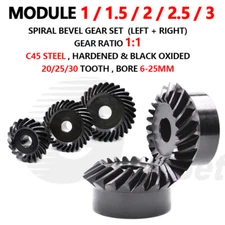 Module 1/1.5/2/2.5/3 Spiral Bevel Gear Set C45 Steel 1:1 Pairing 20/25/30 Tooth