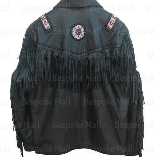 New Men's Western Style American Black Cowboy Leather Jacket Fringes Beads-1015 - Picture 2 of 4