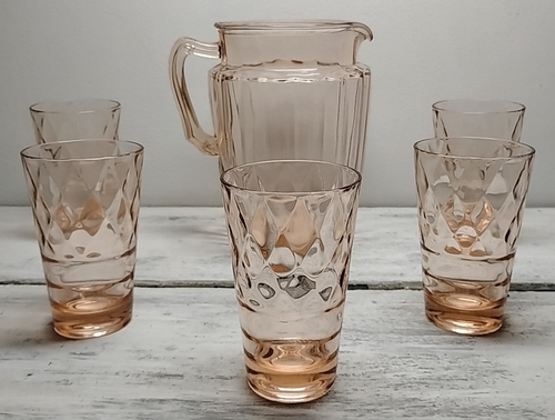 5 Vintage Jeannette Glass 12 oz. Tumblers 5 1/4"t & 88 oz. Pink Pitcher 8 5/8"t - Picture 2 of 24