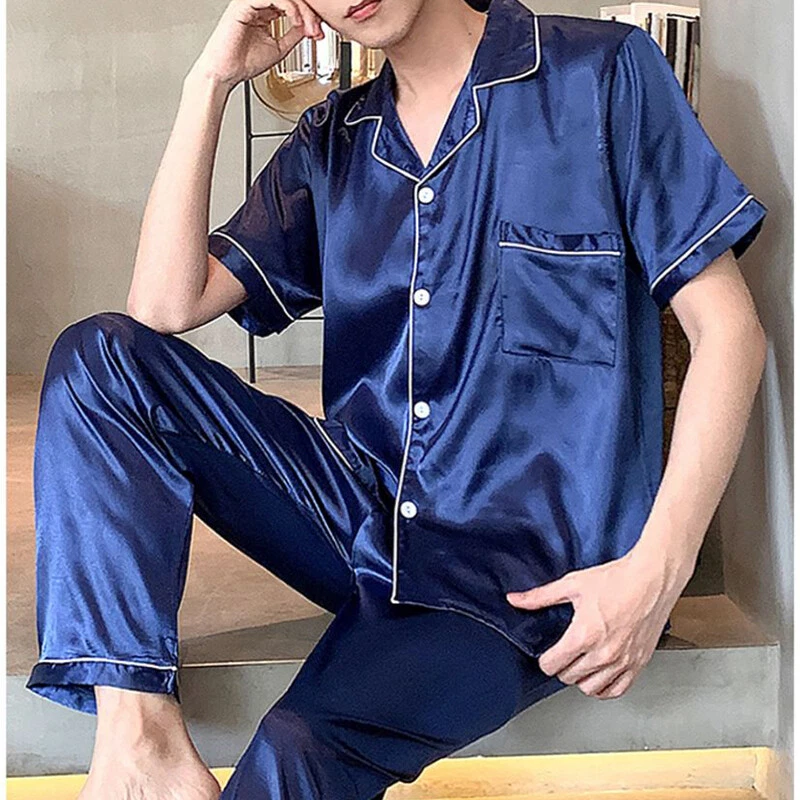 Check Men Satin Faux Silk Sleepwear Nightwear Pajamas Pants Tops Set Retro  Suits