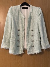 Zara Tweed Boucle Frayed Mint Green White Fantasy Blazer Jacket Size S