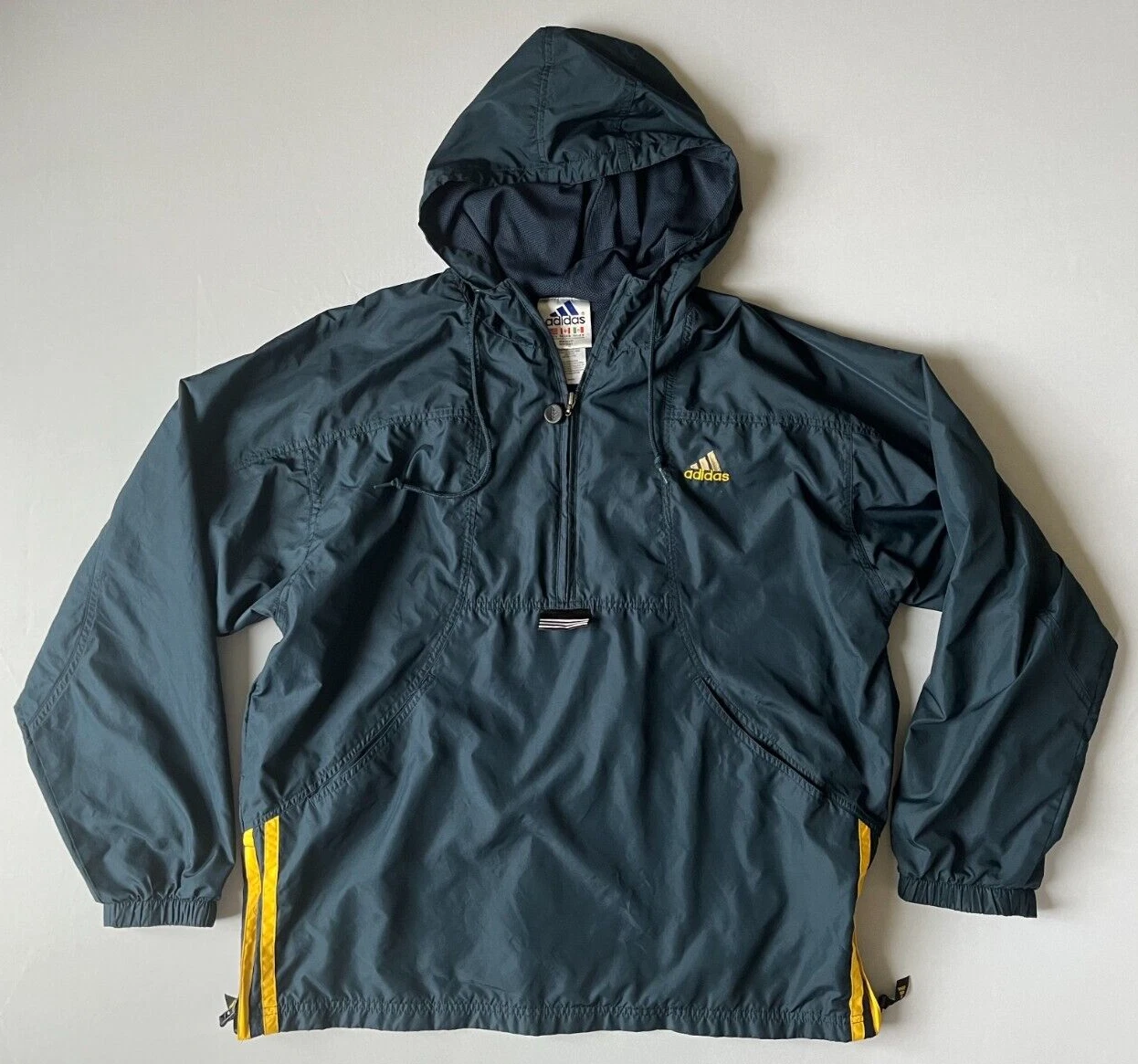 VTG Adidas Mens Pullover Windbreaker Jacket 1/2 Zip Sz L Kangaroo Pocket Blue