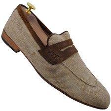 Dolce & Gabbana Italy Beige Brown Canvas Suede Dress Shoes Men 10.5 Penny Loafer