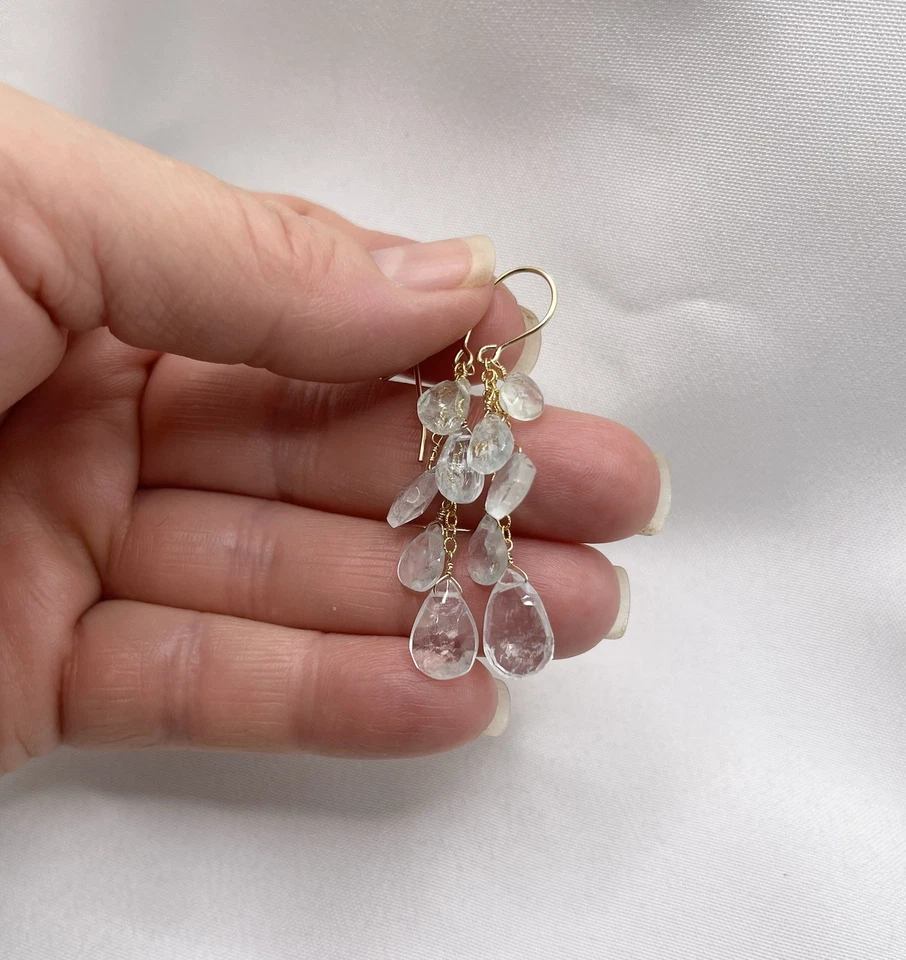 Pendientes Aguamarina Natural Briolette Piedras Preciosas Colgantes Oro 14K Relleno Foto 4 de 4