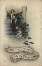 Christmas Children Holly Garland Grandfather Clock c1900-20s Vintage Postcard