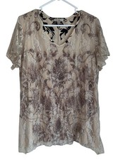 Y2K Roz & Ali Womens Lace Overlay Top Plus 1X Beige Black Fairy Boho USA Made