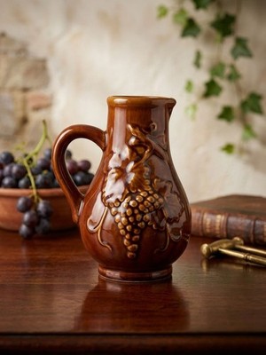 vintage brown ceramic pitcher grape relief jug glazed majolica styel pottery