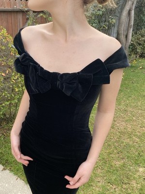 Vintage 80s Laura Ashley 6 Velvet Off Shoulder Cocktail Dress Great Britain Mini