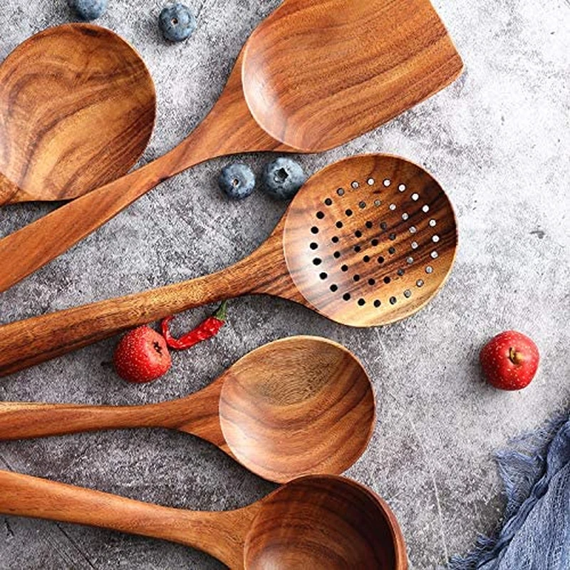 Wooden Spoons for Cooking, 7Pcs Handmade Natural Teak Cooking Spoons Wooden Spat - Image 3 of 4