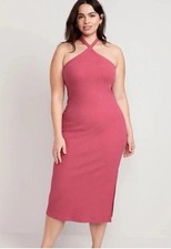Old Navy Womens Rib Knit Halter Midi Dress Size Small Pink Summer Spring Bodycon