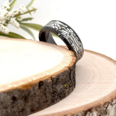 8mm Sleek Black Tungsten Christmas Gift Ring Silver Carved Rock Art Pattern Band