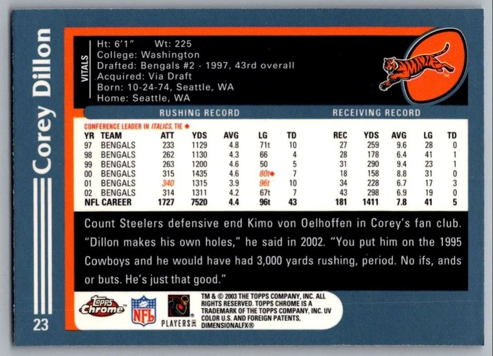 2003 Pacific Corey Dillon Cincinnati Bengals #23 - Image 2 of 2