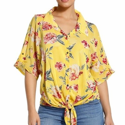 So It Is Floral Tie Front Blouse 2X Yellow Boho Stretch Polyester Spandex Top