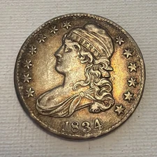 1834 CAPPED BUST HALF DOLLAR - RARE LARGE DATE - AMAZING COLOR ! - XF+/AU TONED