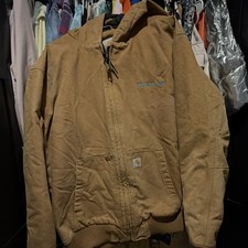 Carhartt Men's XL Brown Hooded Lined Canvas Work Jacket Full Zip Logo Accents