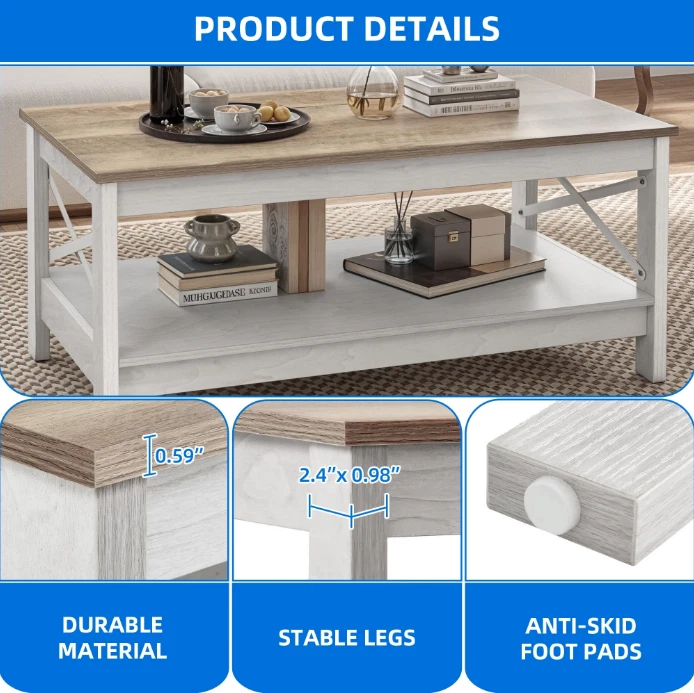Farmhouse Coffee Table With Storage 2 Tier Center Table For Living Room TopWhite - Image 3 of 4