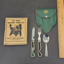 Geo Schrade Girl Scouts Mess Chow Kit Pocket Knife Fork Spoon Green Vintage Box