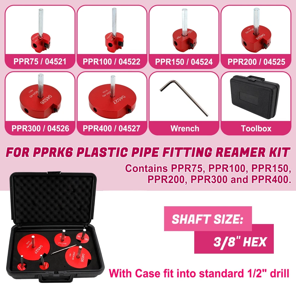 04529 For PPRK6 Plastic Pipe Fitting Reamer 6 Piece Kit For1/2" Drills R1 - Image 3 of 4