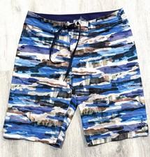 PrAna Men's 32 x 10 Unlined Board Shorts Swim Trunks Outdoor Hiking Striped Blue
