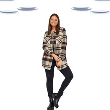 Ex Women's Plus Size Shacket - Brushed Cotton Long Sleeve Checkered Beige/Brown