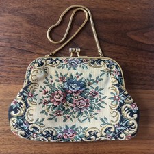 Vintage Evening Purse. Colorful Tapestry with Snake Chain Handle. Gold Accents