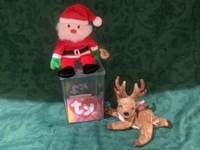 TY Santa (1998) & Roxie Black Nose (2000) Beanies In Original TY Box Pristine