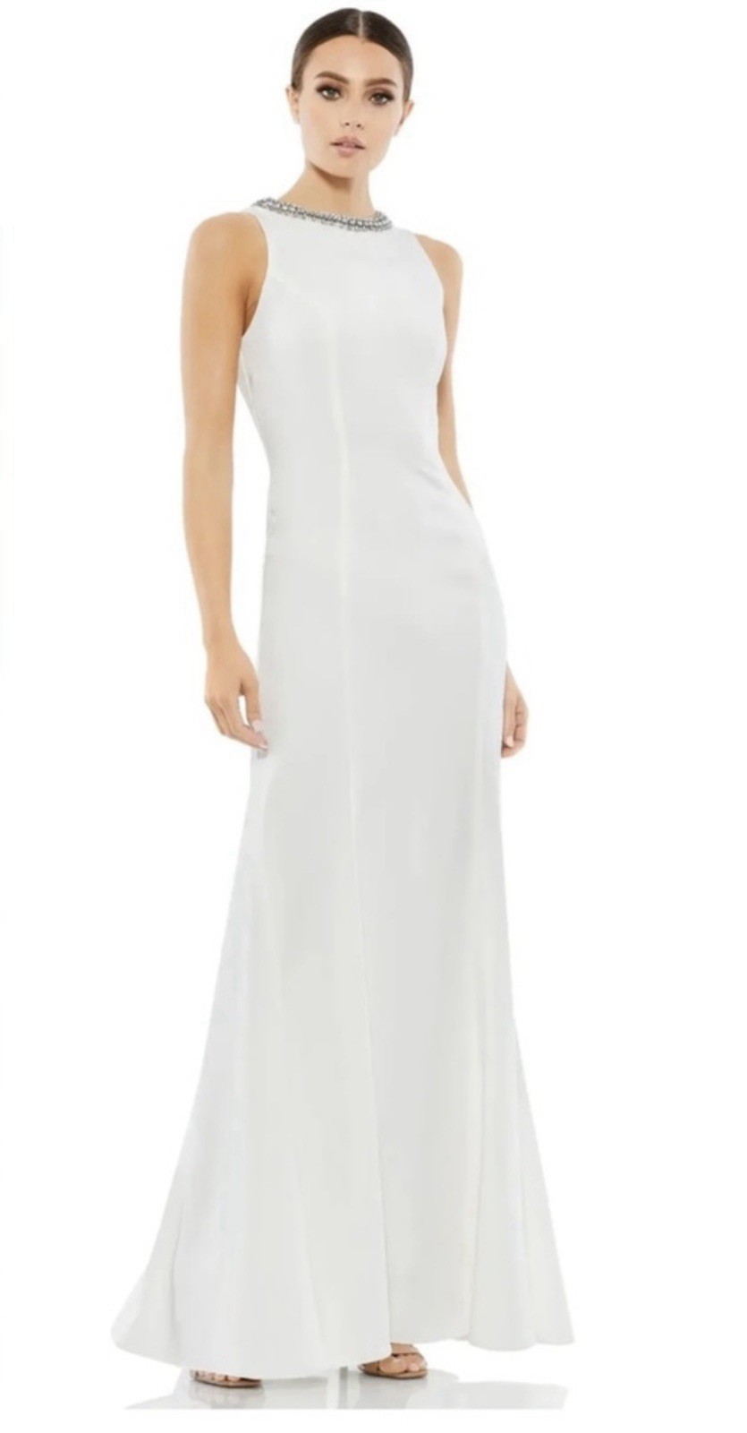 Mac Duggal 49093 Sz 0 White Satin Jeweled Neckline Trumpet Gown $398