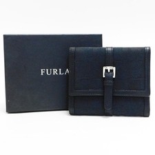 Furla 三つ折り財布 Compact Wallet Canvas Leather Black Logo Excellent Box