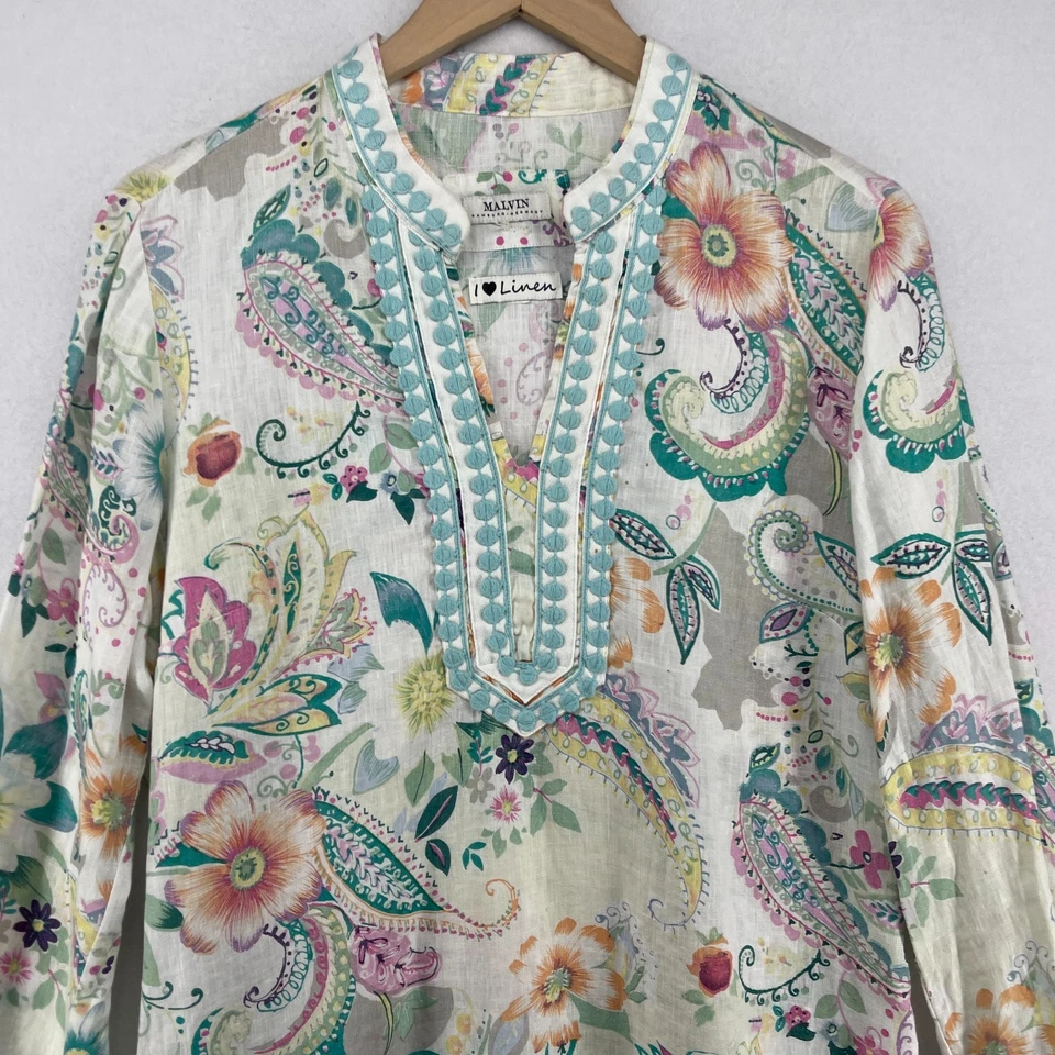 MALVIN Top M I Love Lino Floral Paisley Cuello en V Manga Larga Túnica Boho Azul Foto 3 de 4