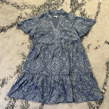 Studio One Womens Size L Blue Medallion Print Tiered V Neck Flutter Sleeve Dress