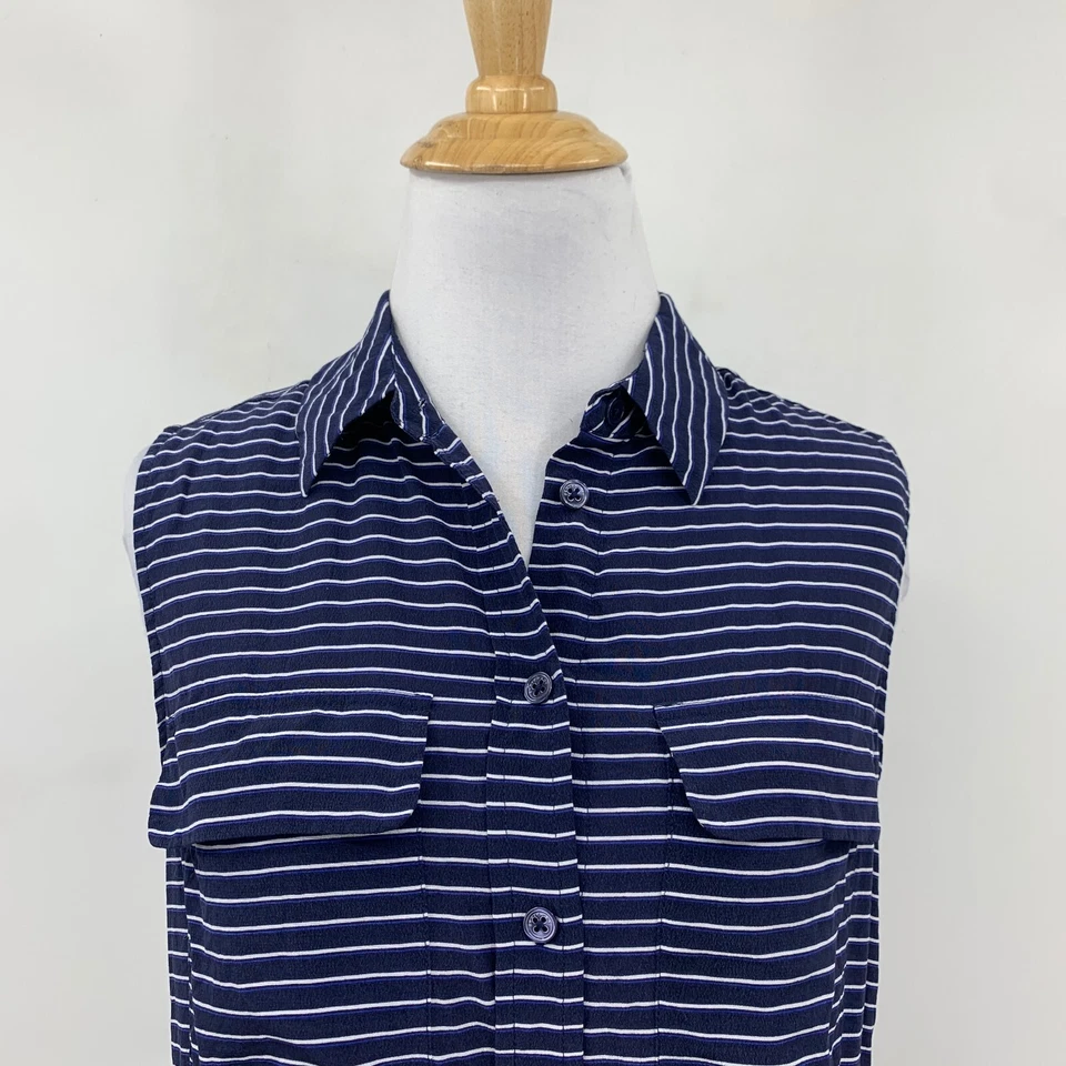 Оборудование женский топ XS очень маленький темно-синий без рукавов в полоску шелк на пуговицах - Изображение 3 из 4