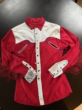 Western/Rockabilly Style Red shirt Hamdmade w/ fringe,snaps, embellishments READ