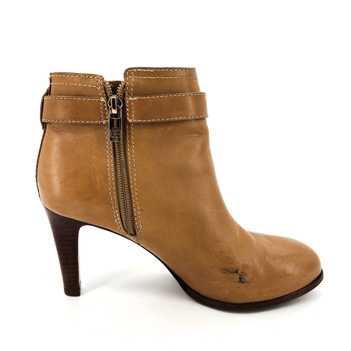 Womens 8 M Tory Burch Bristol Ankle Boots Brown Leather Heeled Booties Gold Logo - Picture 8 of 14