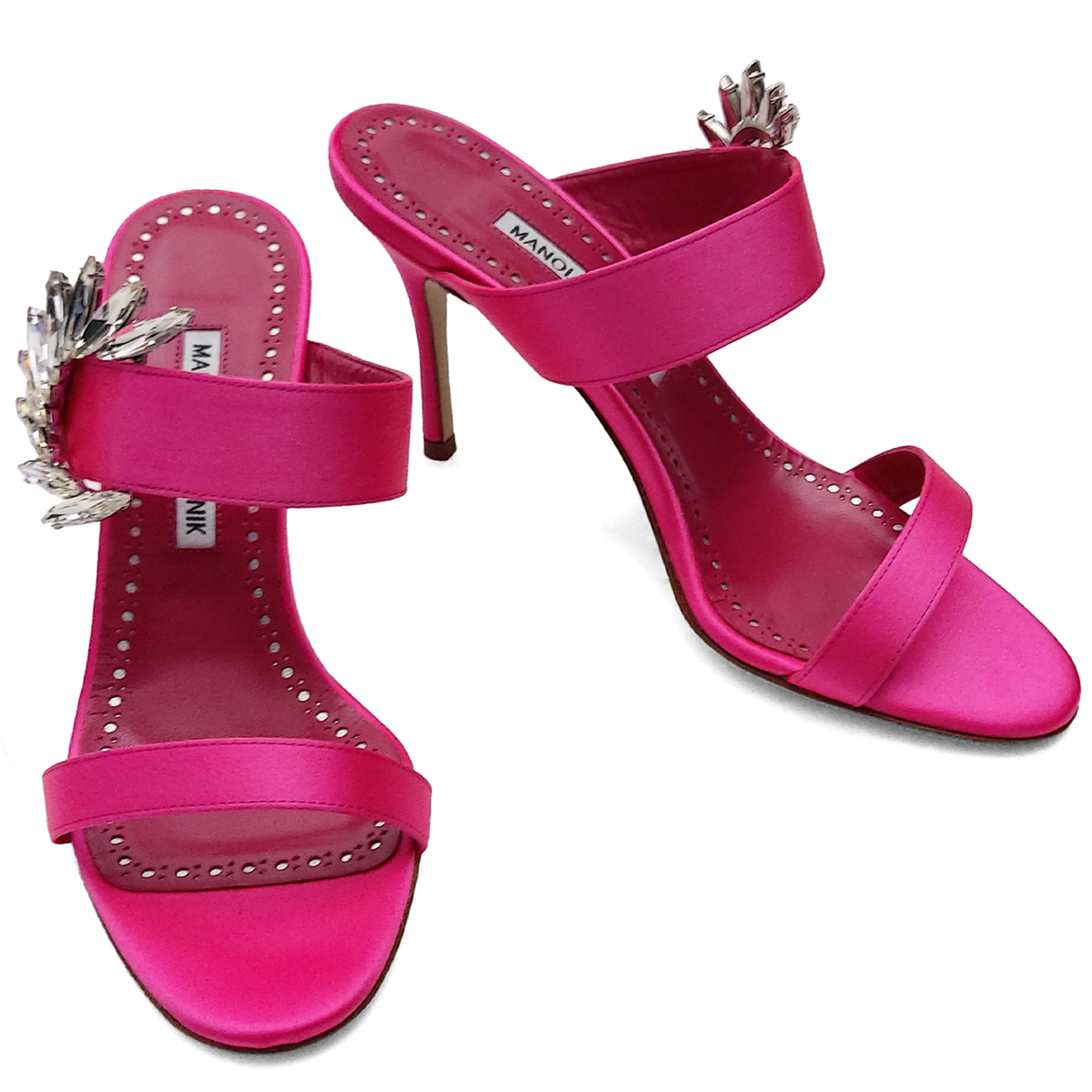 Manolo Blahnik Chivela Pink Satin Sandals Crystal Embellishments